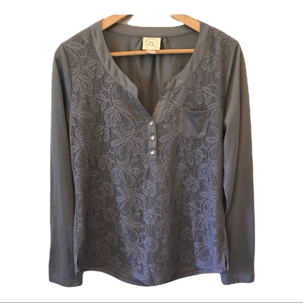 Belle du Jour Gray Lace Detail Top Shirt Long Sleeve Shirt XL Boho Roll Tab